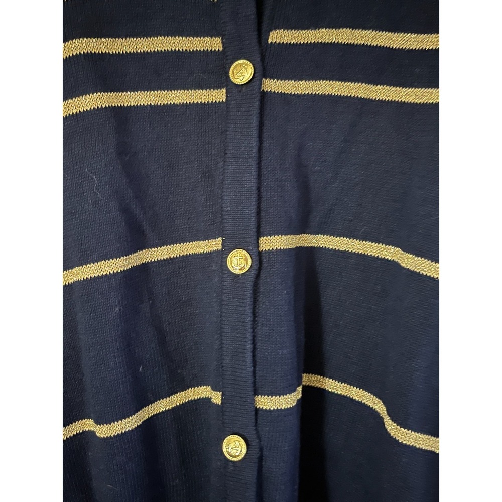 Leslie Fay Navy Blue Gold Metallic Striped Nautical Anchor Button Cardigan L - Picture 4 of 8